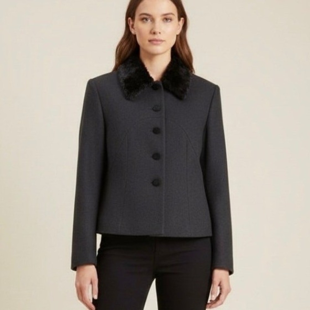 Amanda Smith 8P petite Pure Wool Jacket Faux Fur Collar Black Cropped Blazer